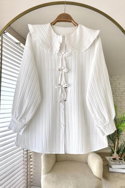 Bebe Yaka Fiyonklu Gömlek Beyaz