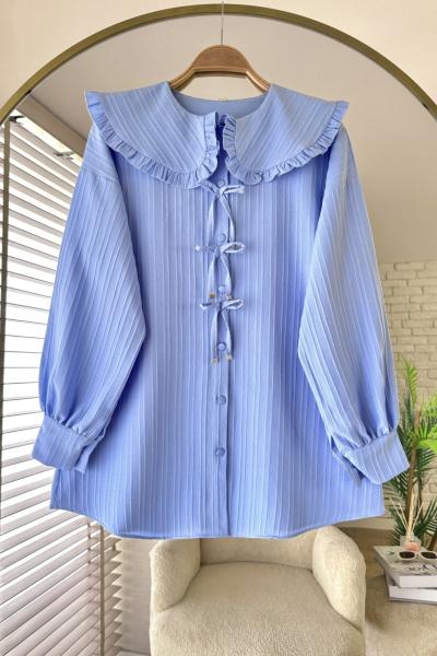 Bebe Yaka Fiyonklu Gömlek Mavi