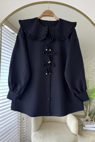 Bebe Yaka Fiyonklu Gömlek Siyah