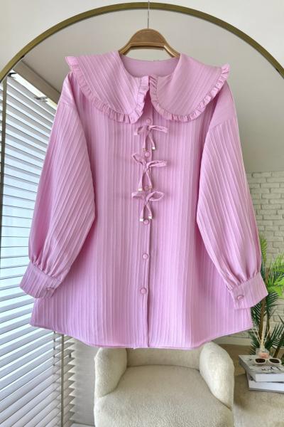 Bebe Yaka Fiyonklu Gömlek Pembe