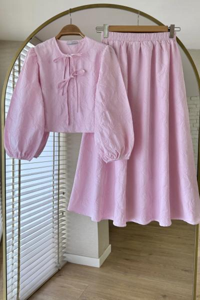 Çiçek Desenli Etekli Keten Takım Pembe