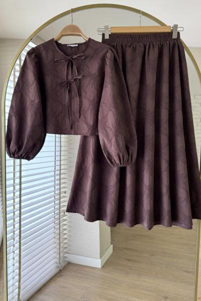 Çiçek Desenli Etekli Keten Takım Acı Kahve