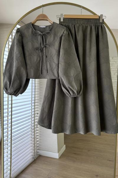 Çiçek Desenli Etekli Keten Takım Haki