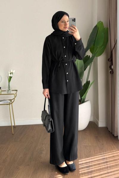 Taş Düğmeli Modal Takım Siyah