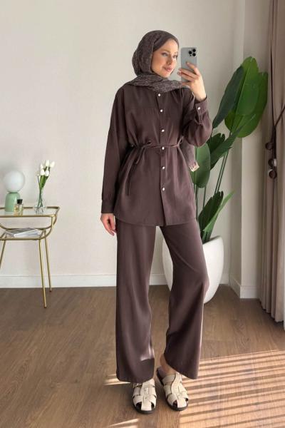 Taş Düğmeli Modal Takım Acı Kahve