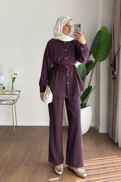 Taş Düğmeli Modal Takım Mürdüm