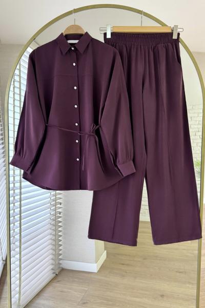 Taş Düğmeli Modal Takım Mürdüm