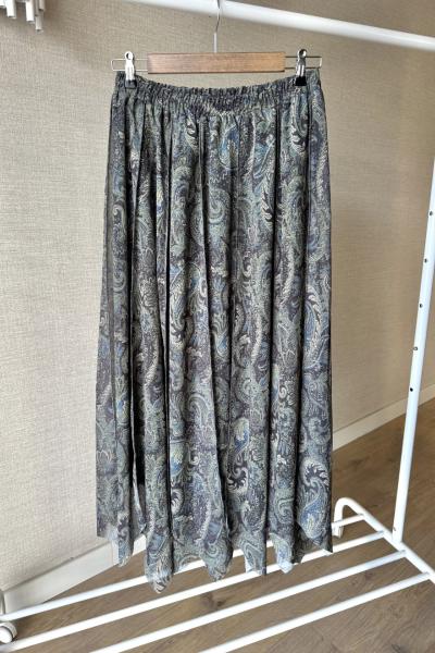 Lazer Kesim Şal Desenli Etek Yeşil