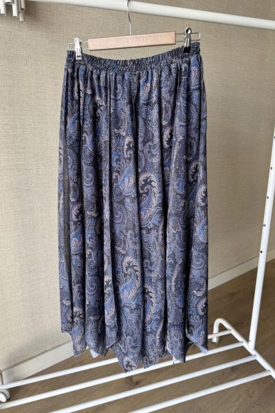 Lazer Kesim Şal Desenli Etek Lacivert