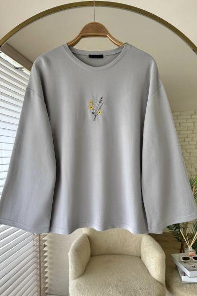 Nakışlı Salaş Sweatshirt Gri