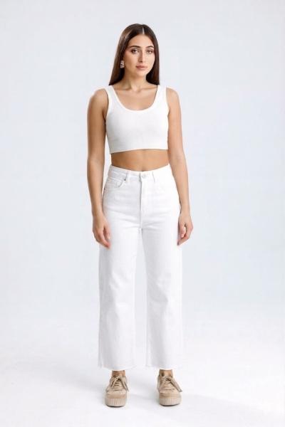Kesik Paça Mom Jean Beyaz