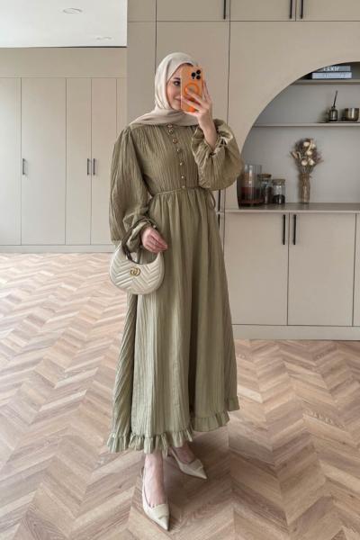 Asimetrik Fırfırlı Piliseli Elbise Yeşil