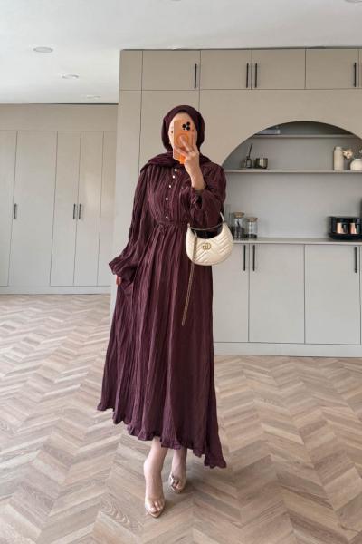 Asimetrik Fırfırlı Piliseli Elbise Mürdüm