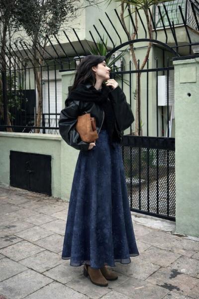 Çiçek Desenli Şifon Etek Lacivert