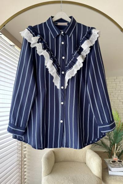 Çizgili Dantel Detaylı Gömlek Lacivert