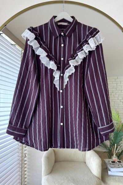 Çizgili Dantel Detaylı Gömlek Mürdüm