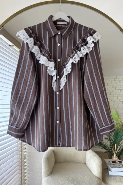 Çizgili Dantel Detaylı Gömlek Kahverengi