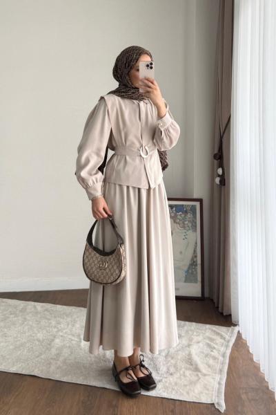 Plane Etekli Takım Bej