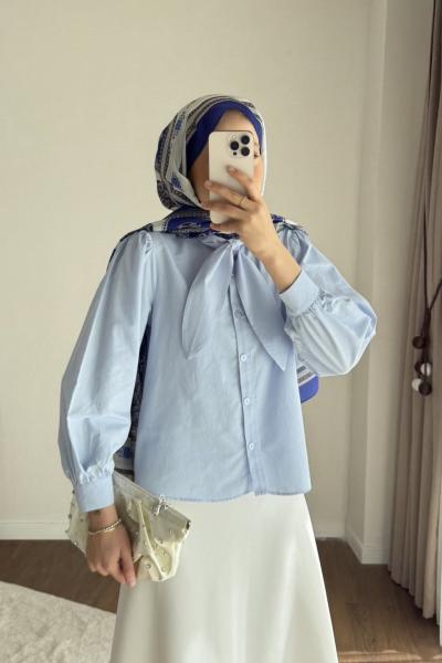 Yakası Bağcıklı Kısa Poplin Gömlek Mavi