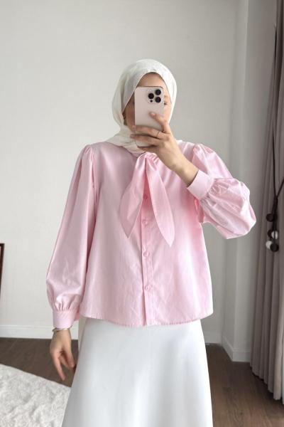 Yakası Bağcıklı Kısa Poplin Gömlek Pembe