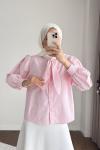 Yakası Bağcıklı Kısa Poplin Gömlek Pembe