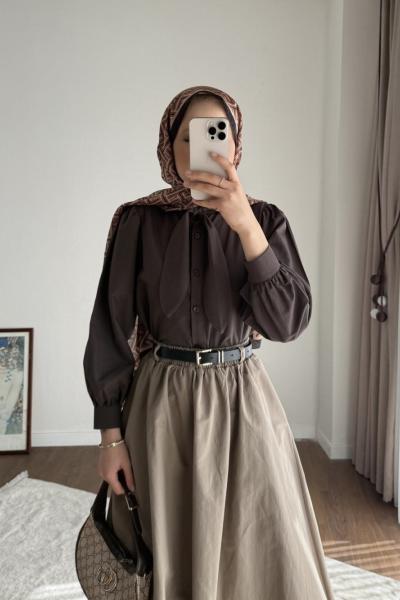 Yakası Bağcıklı Kısa Poplin Gömlek Acı Kahve