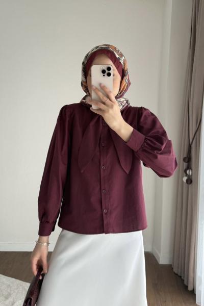 Yakası Bağcıklı Kısa Poplin Gömlek Bordo