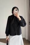 Yakası Bağcıklı Kısa Poplin Gömlek Siyah