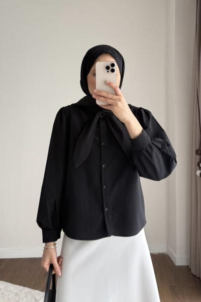 Yakası Bağcıklı Kısa Poplin Gömlek Siyah