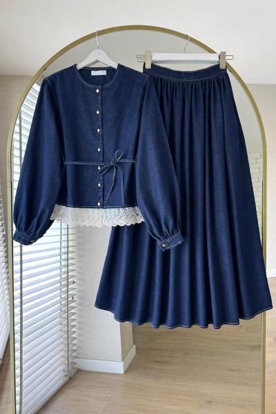 Fisto Detaylı Etekli Kot Takım Lacivert