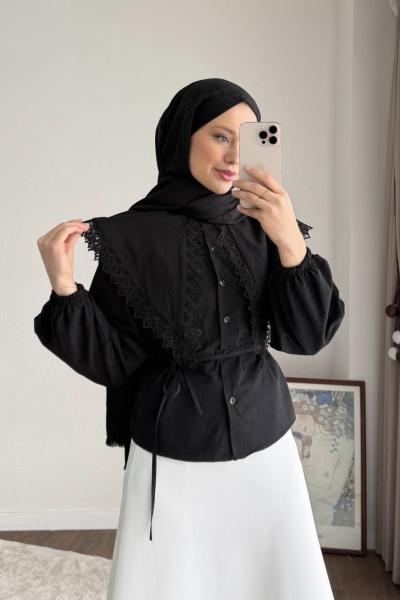 Dantel Yakalı Kısa Gömlek Siyah