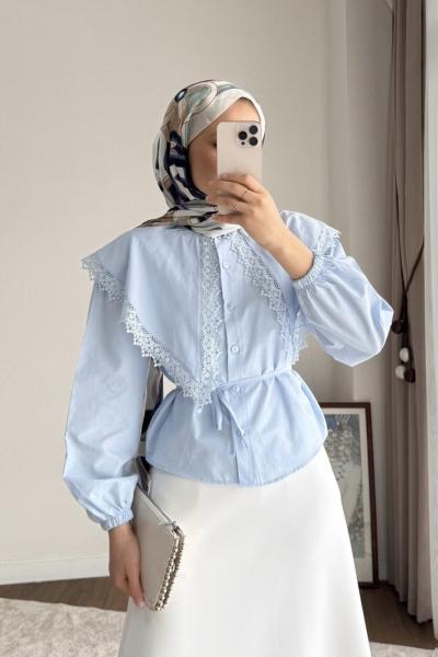 Dantel Yakalı Kısa Gömlek Bebe Mavisi