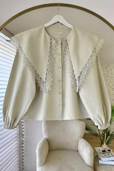 Dantel Yakalı Kısa Gömlek Açık Yeşil