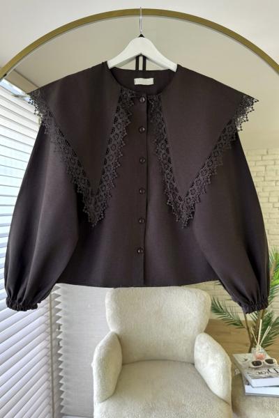 Dantel Yakalı Kısa Gömlek Koyu Kahverengi