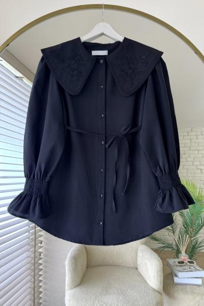 Yakası Nakışlı Gömlek Siyah