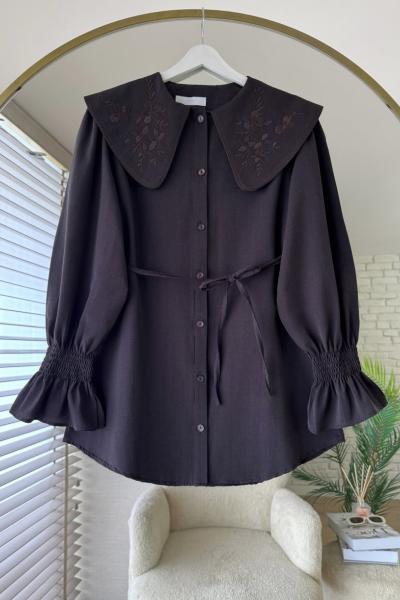 Yakası Nakışlı Gömlek Acı Kahve