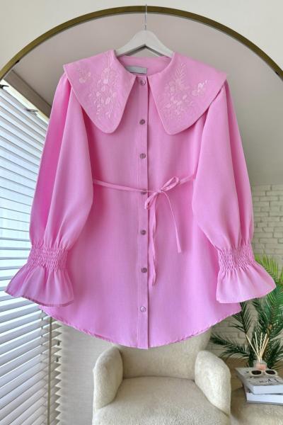 Yakası Nakışlı Gömlek Pembe