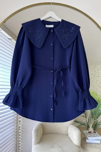 Yakası Nakışlı Gömlek Lacivert