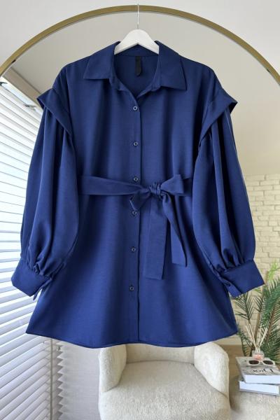 Kolları Pileli Kuşaklı Gömlek Lacivert