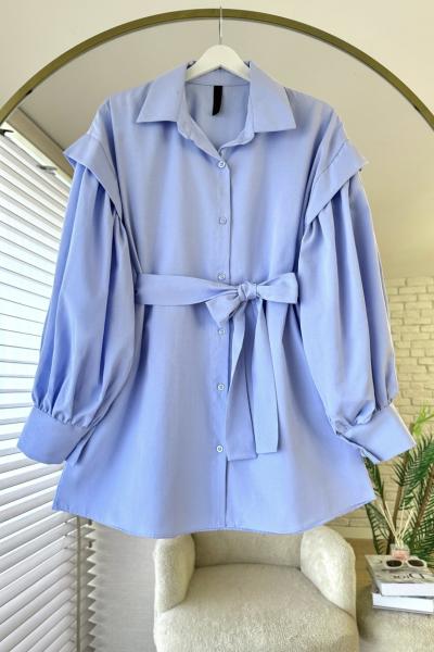 Kolları Pileli Kuşaklı Gömlek Bebe Mavisi