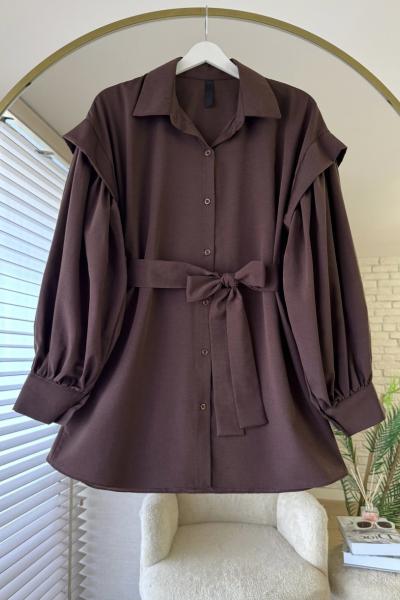 Kolları Pileli Kuşaklı Gömlek Acı Kahve