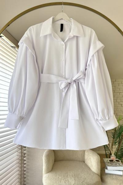 Kolları Pileli Kuşaklı Gömlek Beyaz