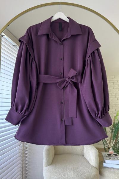 Kolları Pileli Kuşaklı Gömlek Mürdüm