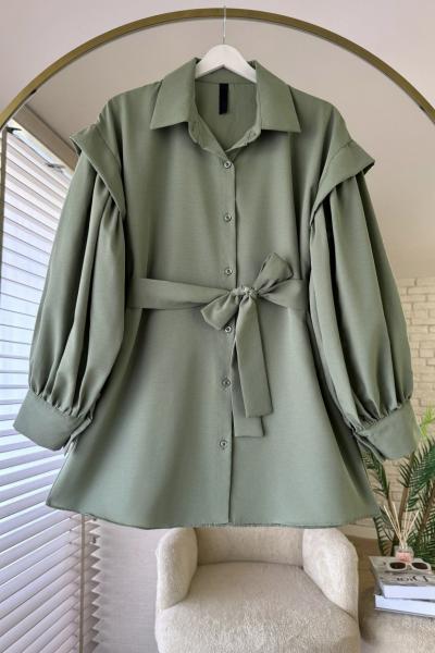 Kolları Pileli Kuşaklı Gömlek Yeşil