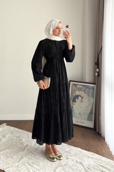 Yarım Patlı Brode Elbise Siyah