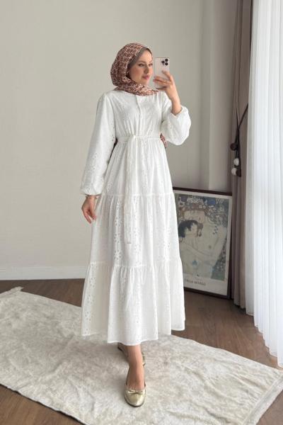 Yarım Patlı Brode Elbise Beyaz