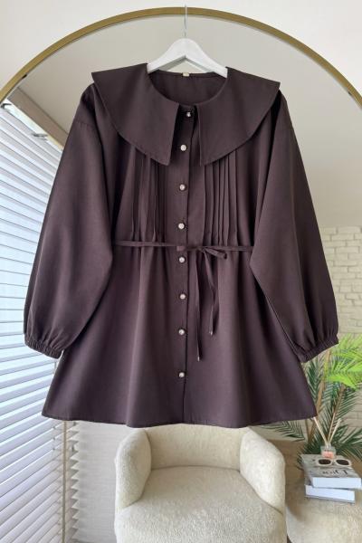 Bebe Yaka Nervürlü Gömlek Acı Kahve