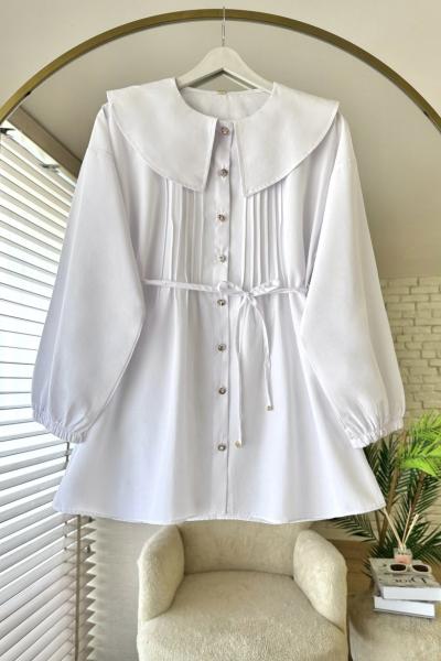 Bebe Yaka Nervürlü Gömlek Beyaz