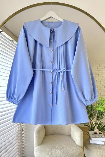 Bebe Yaka Nervürlü Gömlek Mavi
