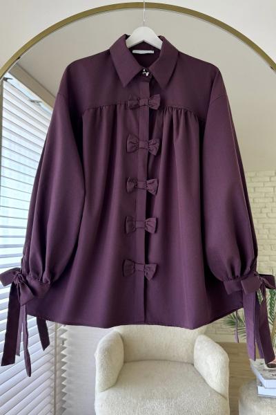 Patı Fiyonklu Oversize Gömlek Mürdüm